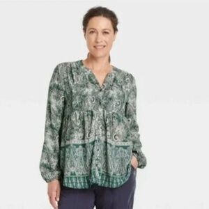 Knox Rose Boho V-Neck Paisley Smocked Peasant Button Down Blouse L Womens